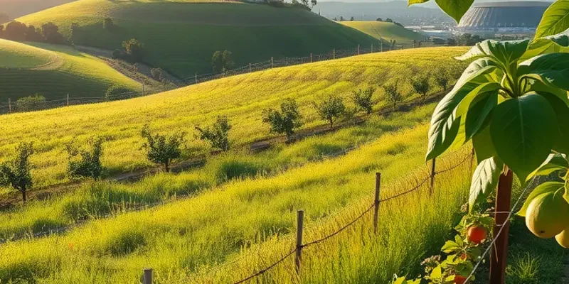 Photorealistic landscape of lush vegetables and fruits growing naturally in a sunlit field.