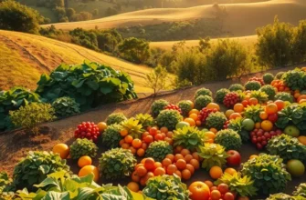 A field showcasing a variety of fresh, organic vegetables and fruits surrounded by greenery.