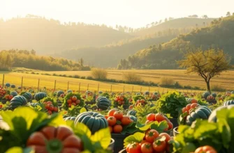 A lush sunlit field showcasing organic fruits and vegetables in a vibrant natural setting.