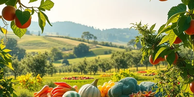 A serene landscape depicting a field of vibrant fruits and vegetables, highlighting organic farming.