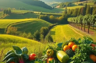 A serene, natural landscape filled with healthy produce reflecting good nutrition.