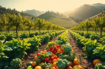 A tranquil landscape filled with organic elements, including fields of fruits and vegetables amid greenery.