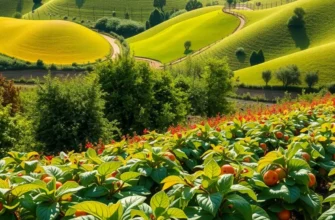 Photorealistic view of a vibrant organic field with fruits and vegetables under warm sunlight.