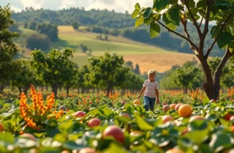 A photorealistic image of vibrant fruits and vegetables growing in a sunny landscape.
