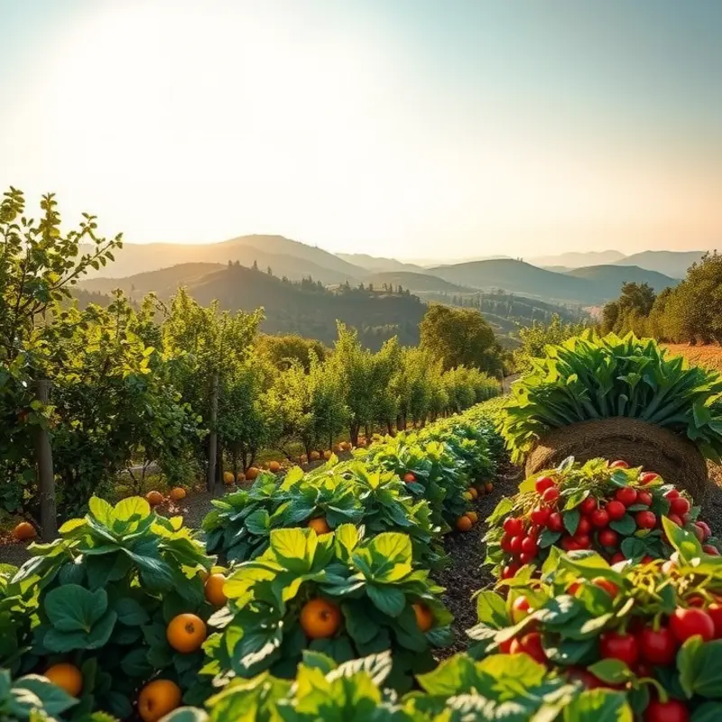 A serene sunlit orchard showcasing fresh organic produce.