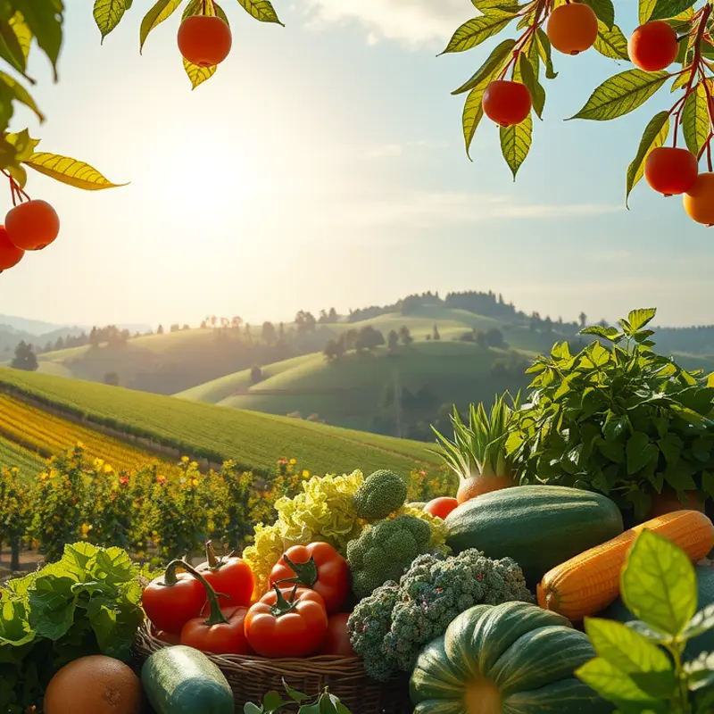 A sunlit field showcasing the abundance of organic vegetables and fruits.