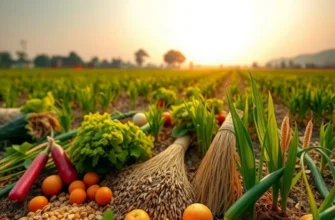 A scenic view of a lush, sunlit field with various vegetables and fruits representing organic farming.