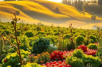 A vivid landscape displaying lush fruits and vegetables under a warm sun.
