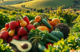 A vibrant landscape featuring an abundance of organic vegetables and fruits in a sunlit field, promoting healthy eating.