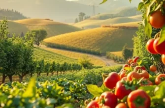 Scenic view of an idyllic organic field with colorful fruits and vegetables under soft sunlight.