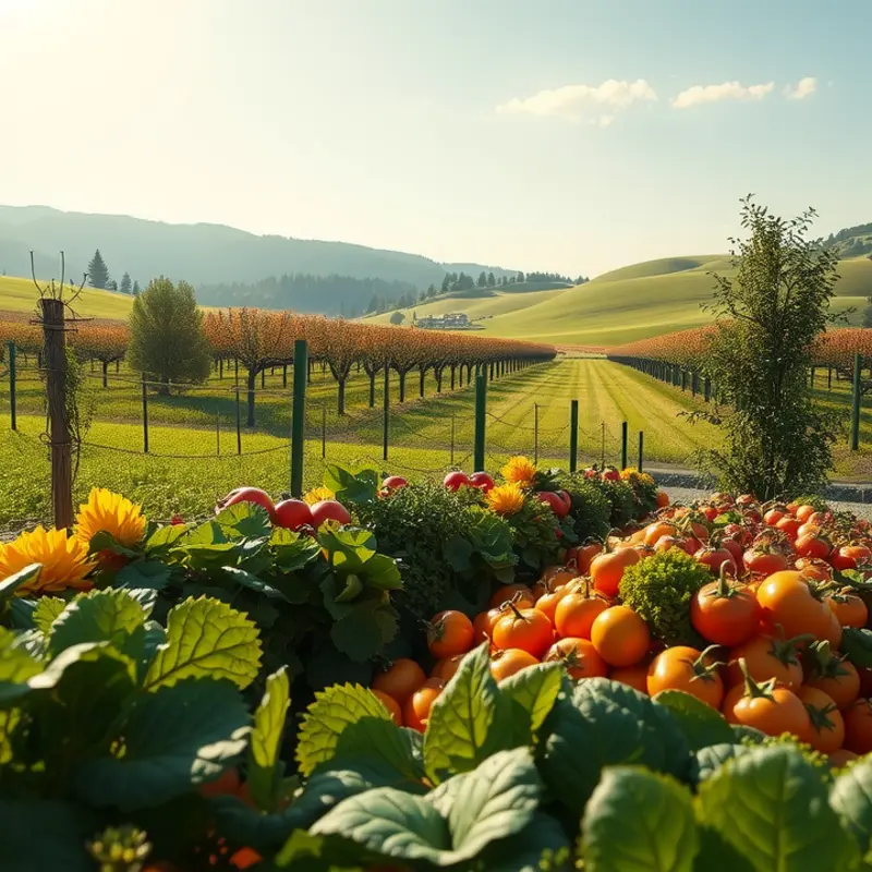 A vivid field filled with organic produce under warm sunlight, representing healthy ingredients for smoothies.