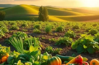 A scenic landscape showcasing fresh fruits and vegetables in a sunlit field.