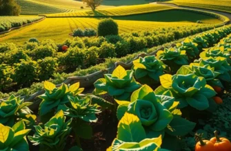 A sunlit landscape rich with organic fruits and vegetables, showcasing the beauty of healthy eating.