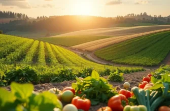 Beautiful sunlit field with organic fruits and vegetables, showcasing nature's bounty for healthy nutrition.