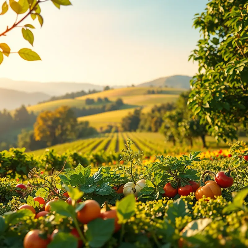 A sunlit orchard showcasing vibrant fruits and vegetables, representing natural nutrition.