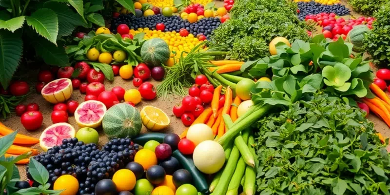 Photorealistic landscape depicting a sunlit field of fruits and vegetables, emphasizing nutrition's role in mood.