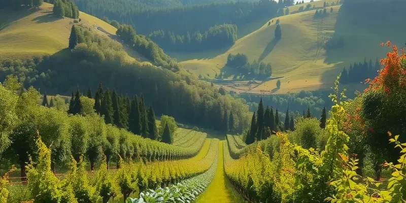 A photorealistic landscape featuring an array of fresh vegetables and fruits in a natural setting.