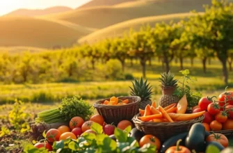 View of a sunlit landscape filled with organic vegetables and fruits against a natural backdrop, representing the essence of healthy nutrition.