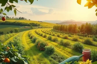 A lush field filled with organic fruits and nuts under soft sunlight, portraying the essence of healthy eating.
