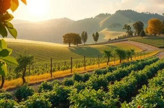 A picturesque scene of a sunlit orchard with fresh fruits and vegetables, representing healthy eating and mindfulness.