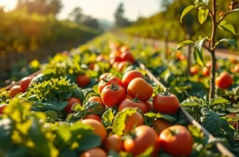 A beautiful field filled with vibrant, organic fruits and vegetables surrounded by lush greenery.