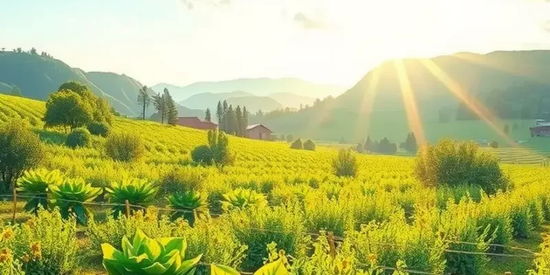 An expansive view of a sunny field filled with vibrant vegetables and fruits, symbolizing a healthy harvest.