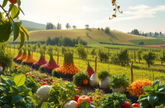 A colorful landscape filled with organic fruits and vegetables in a lush environment.