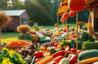 A picturesque sunlit field filled with colorful vegetables and fruits, surrounded by lush greenery and gentle hills.