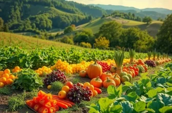 A scenic view of an organic field filled with fresh produce in a vibrant, natural landscape.