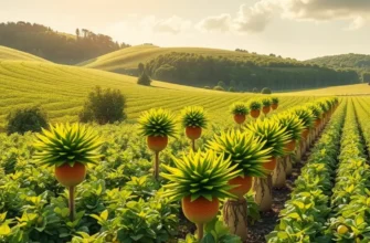 A beautiful field of organic vegetables and fruits in a serene setting.