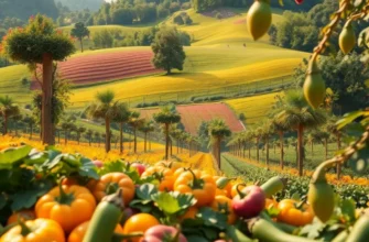 A beautiful sunlit orchard filled with organic fruits and vegetables in a lush green setting.