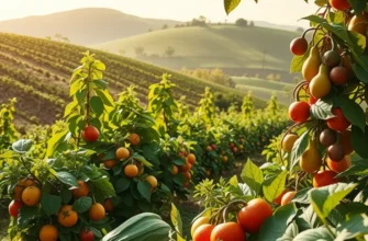 A breathtaking landscape of organic vegetables and fruits growing in a field.