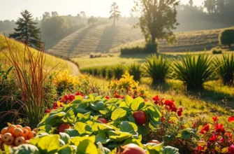 A beautiful rural landscape populated with healthy fruits and vegetables under soft warm sunlight.
