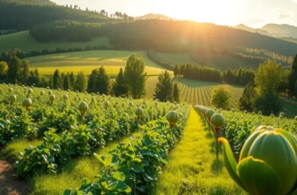 A sunlit orchard showcasing a variety of fresh, organic vegetables and fruits in a natural setting.