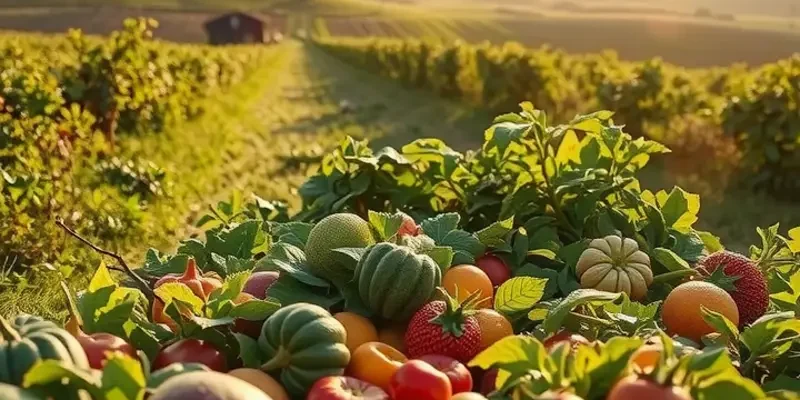 A vibrant landscape showing an organic field filled with various fruits and vegetables under warm sunlight.