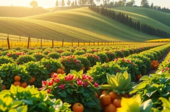 A scenic orchard with various organic fruits and vegetables against a bright sky.