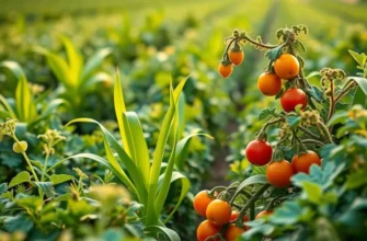 An organic field bursting with vegetables and fruits under a warm, sunlit sky.