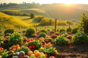 A serene landscape of flourishing vegetables and fruits in a sunlit setting, representing healthy eating.