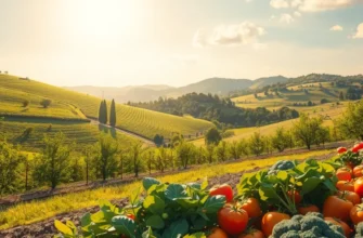 A vibrant harvest landscape showcasing organic fruits and vegetables in nature.