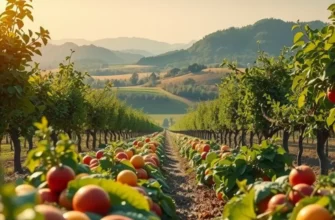 A serene landscape showcasing an organic harvest, with vibrant fruits and vegetables amidst lush greenery.