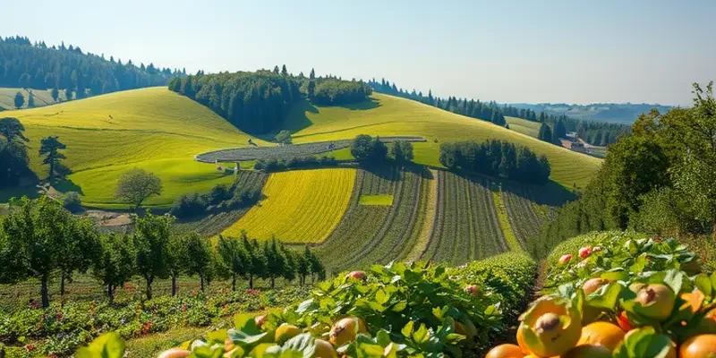 A serene landscape depicting a harvest of organic fruits and vegetables in a natural setting.