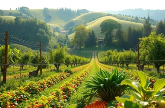 A scenic view of a lush field filled with diverse organic produce basking in sunlight.