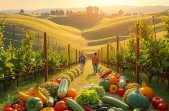 A scenic landscape filled with vibrant organic vegetables and fruits growing in a lush, natural environment.