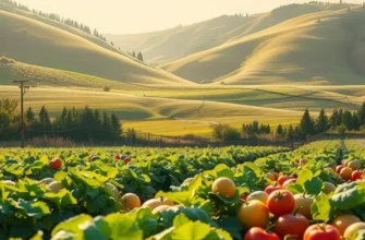 Sunlit landscape filled with organic vegetables and fruits in a lush environment.