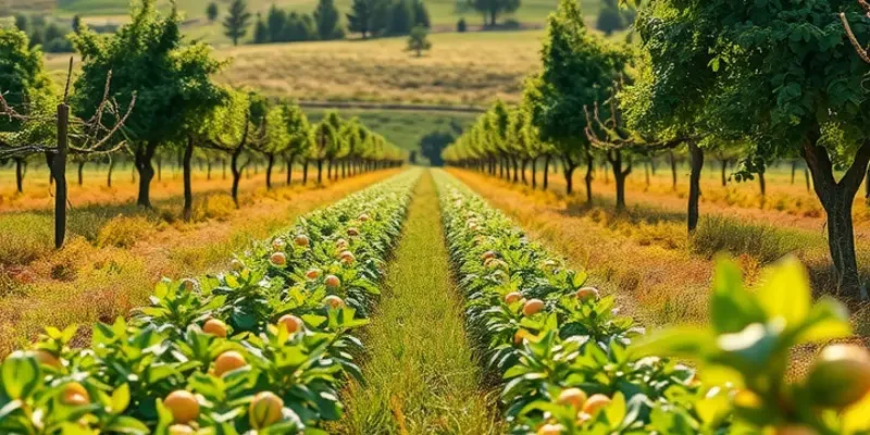 A picturesque landscape depicting a sunlit orchard filled with vibrant vegetables and fruits.