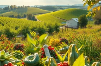 A vibrant orchard filled with colorful vegetables and fruits growing under sunny skies.