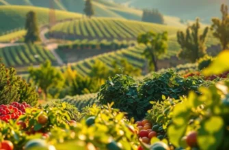 A scenic view of an organic farm filled with colorful produce, symbolizing a commitment to ecological sustainability and healthy eating.