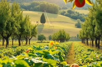 A vibrant field showcasing various organic vegetables and fruits in a natural setting.