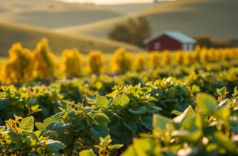A lush green field filled with various legumes and vegetables under a sunny sky.