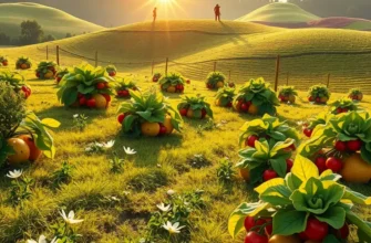 A tranquil field of organic vegetables and fruits basking in sunlight.